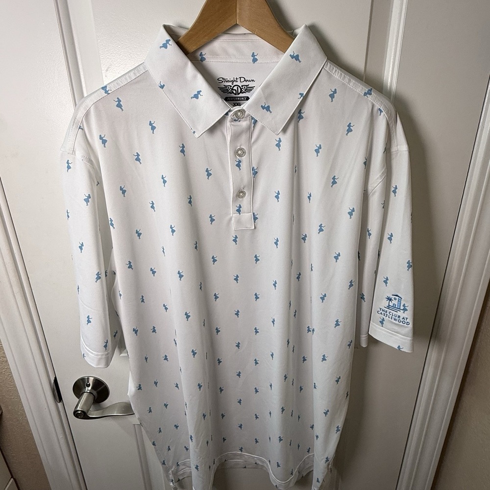 Straight Down Performance Golf Polo‎ Shirt XXL White Blue Print Castlewood